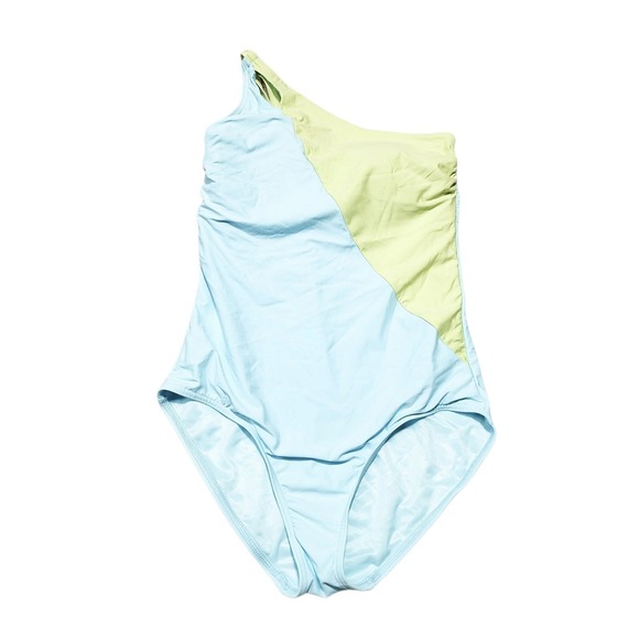 Lands' End One Shoulder Swimsuit Ruched Colorblock Lined One Piece Size 12 Blue - Picture 8 of 8